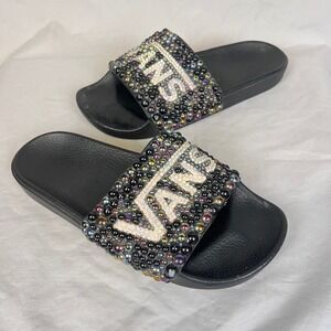 Vans Bling Slide Sandals Mens Custom Rhinestone Beaded Logo Black Iridescent